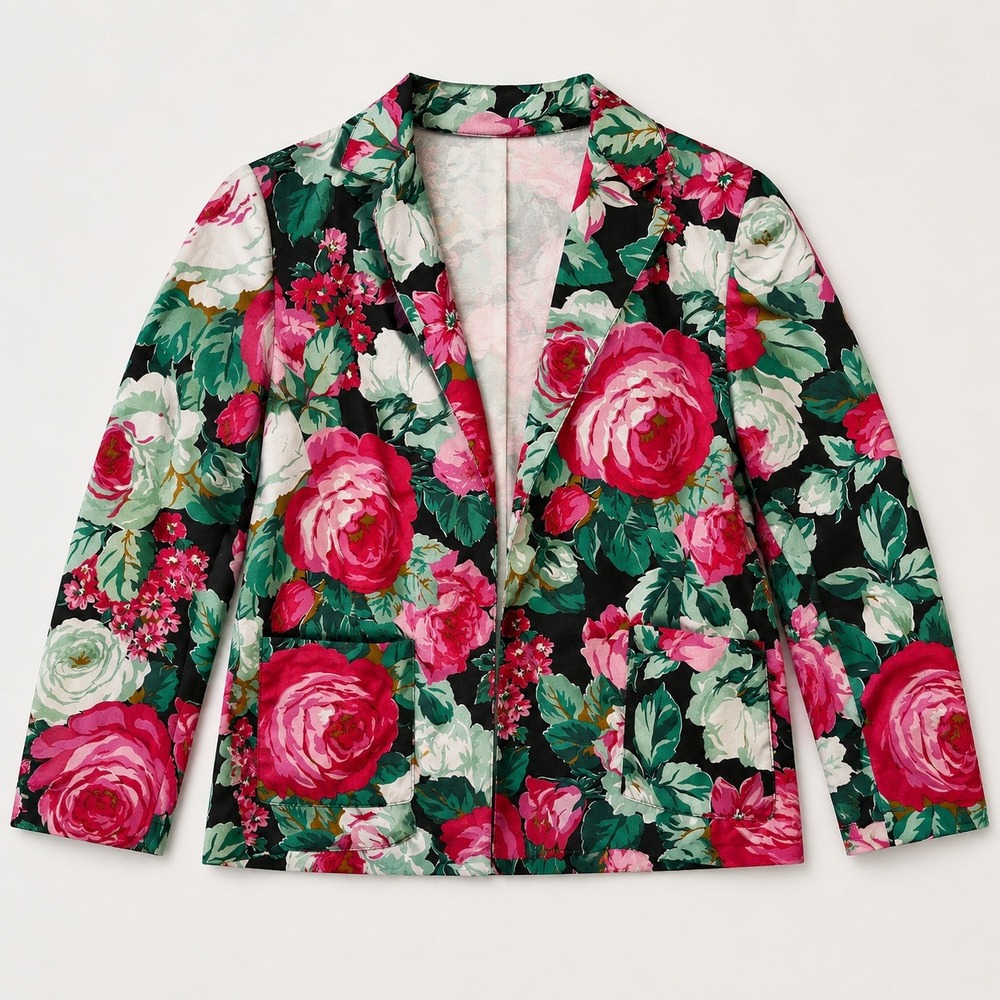 Vintage Floral Blazer Pink Rose Satin Maximalist Vibrant Forest Fairy Romantic